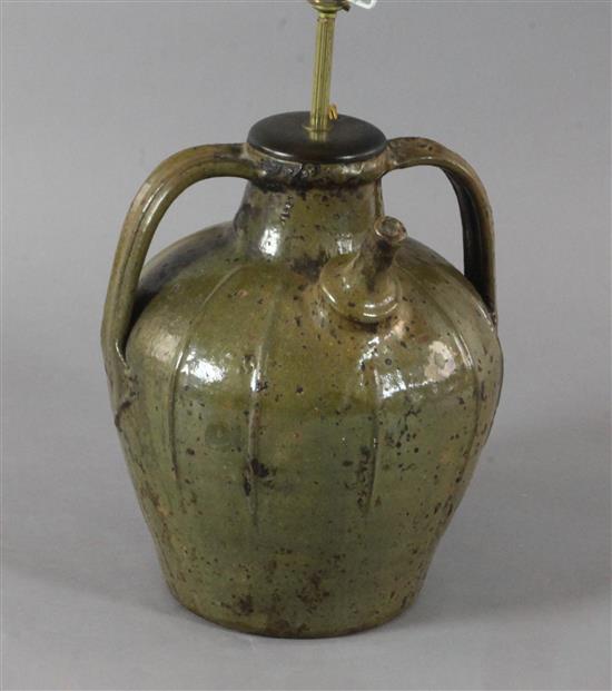 A French medieval green glazed jar, 13in.